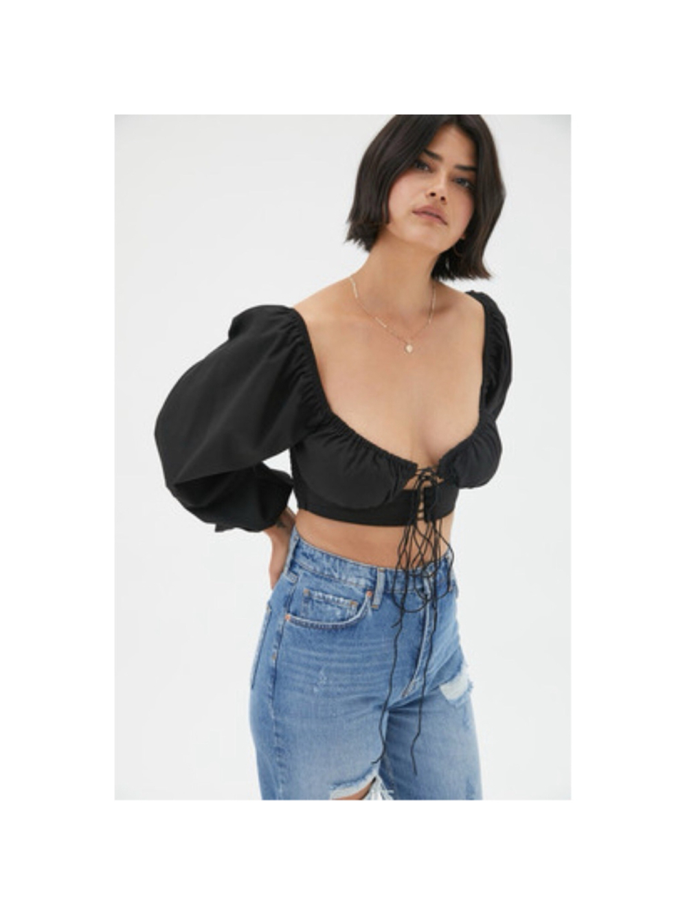 Lioness Black Crop Top Sexy Break My Stride Tie front Long Balloon Sleeve Size M